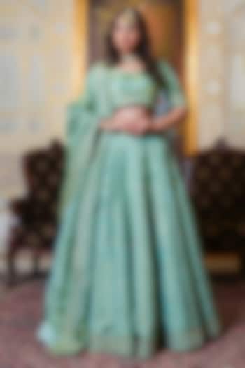 Pista-Colored Cosmoos Silk Gota Patti Hand Embroidered Wedding Lehenga Set by Pomcha Jaipur at Pernia's Pop Up Shop