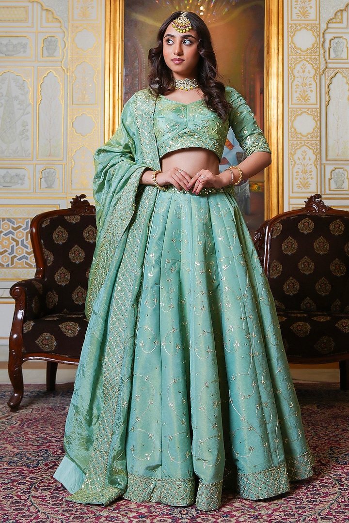 Pista-Colored Cosmoos Silk Gota Patti Hand Embroidered Wedding Lehenga Set by Pomcha Jaipur at Pernia's Pop Up Shop