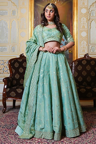 Pista-Colored Cosmoos Silk Gota Patti Hand Embroidered Lehenga Set by Pomcha Jaipur