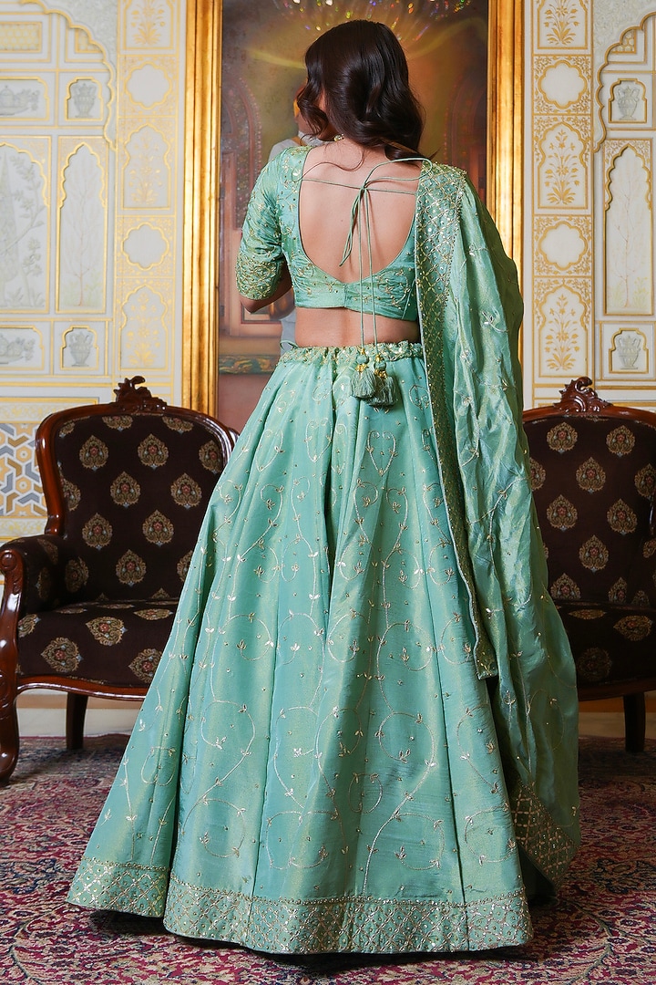 Pista-Colored Cosmoos Silk Gota Patti Hand Embroidered Wedding Lehenga Set by Pomcha Jaipur at Pernia's Pop Up Shop