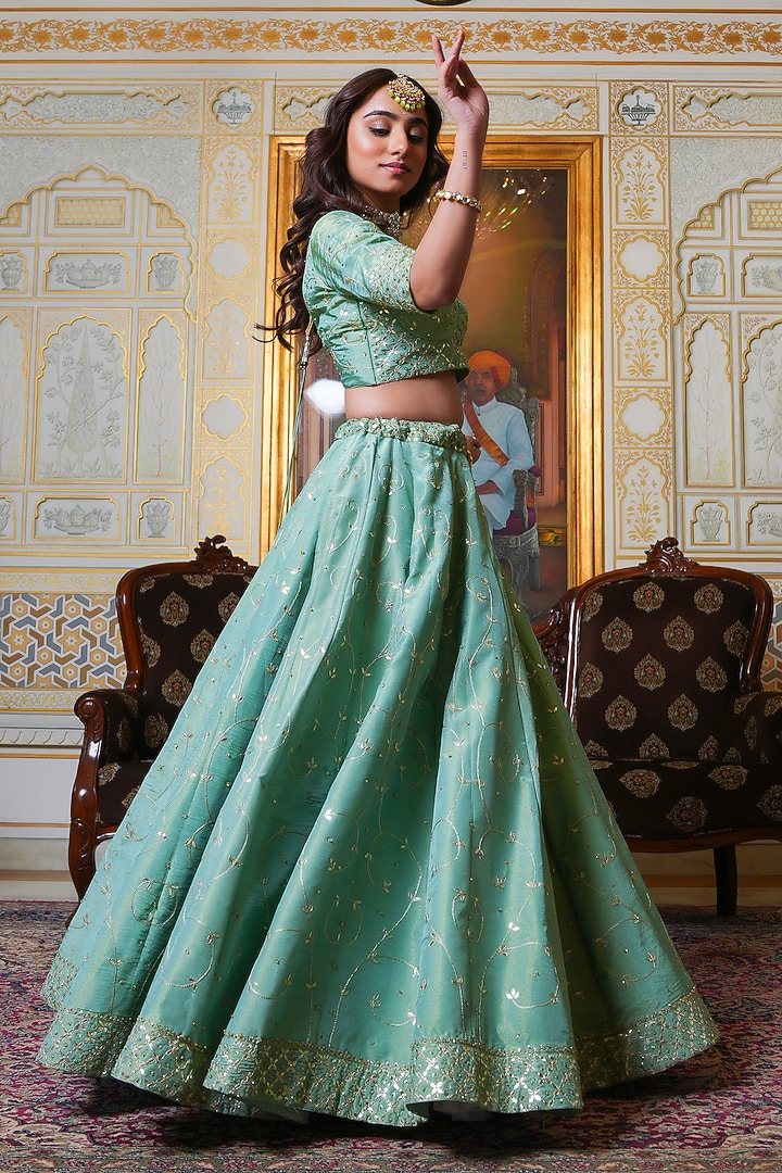 Pista-Colored Cosmoos Silk Gota Patti Hand Embroidered Wedding Lehenga Set by Pomcha Jaipur at Pernia's Pop Up Shop