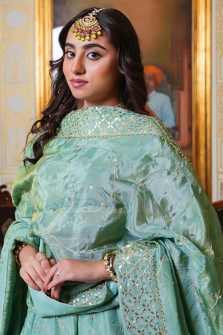 Pista-Colored Cosmoos Silk Gota Patti Hand Embroidered Wedding Lehenga Set by Pomcha Jaipur at Pernia's Pop Up Shop