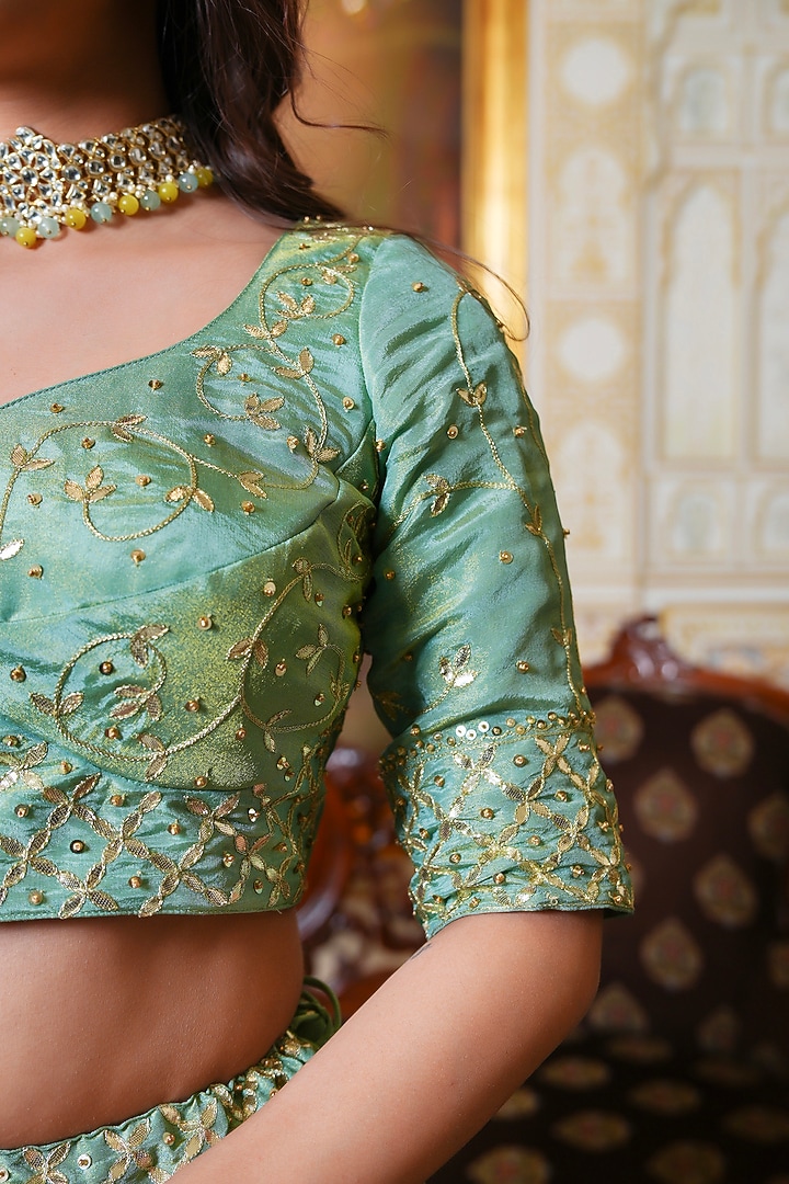 Pista-Colored Cosmoos Silk Gota Patti Hand Embroidered Wedding Lehenga Set by Pomcha Jaipur at Pernia's Pop Up Shop