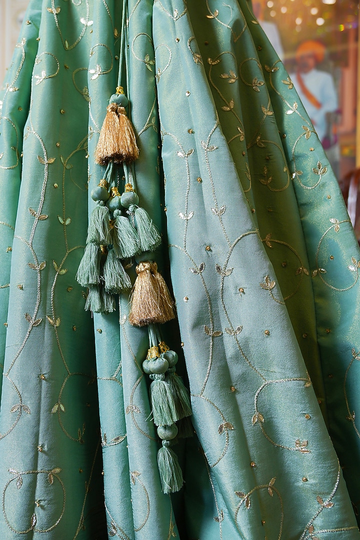 Pista-Colored Cosmoos Silk Gota Patti Hand Embroidered Wedding Lehenga Set by Pomcha Jaipur at Pernia's Pop Up Shop