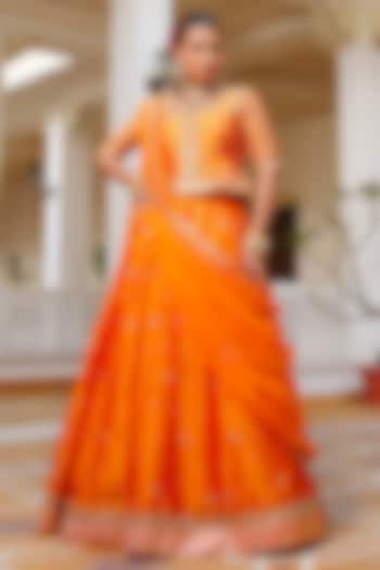 Kesari Orange Taffeta Aari Hand Embroidered Wedding Lehenga Set by Pomcha Jaipur at Pernia's Pop Up Shop