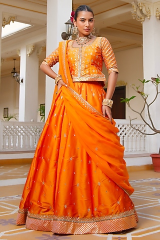 Kesari Orange Taffeta Aari Hand Embroidered Lehenga Set by Pomcha Jaipur