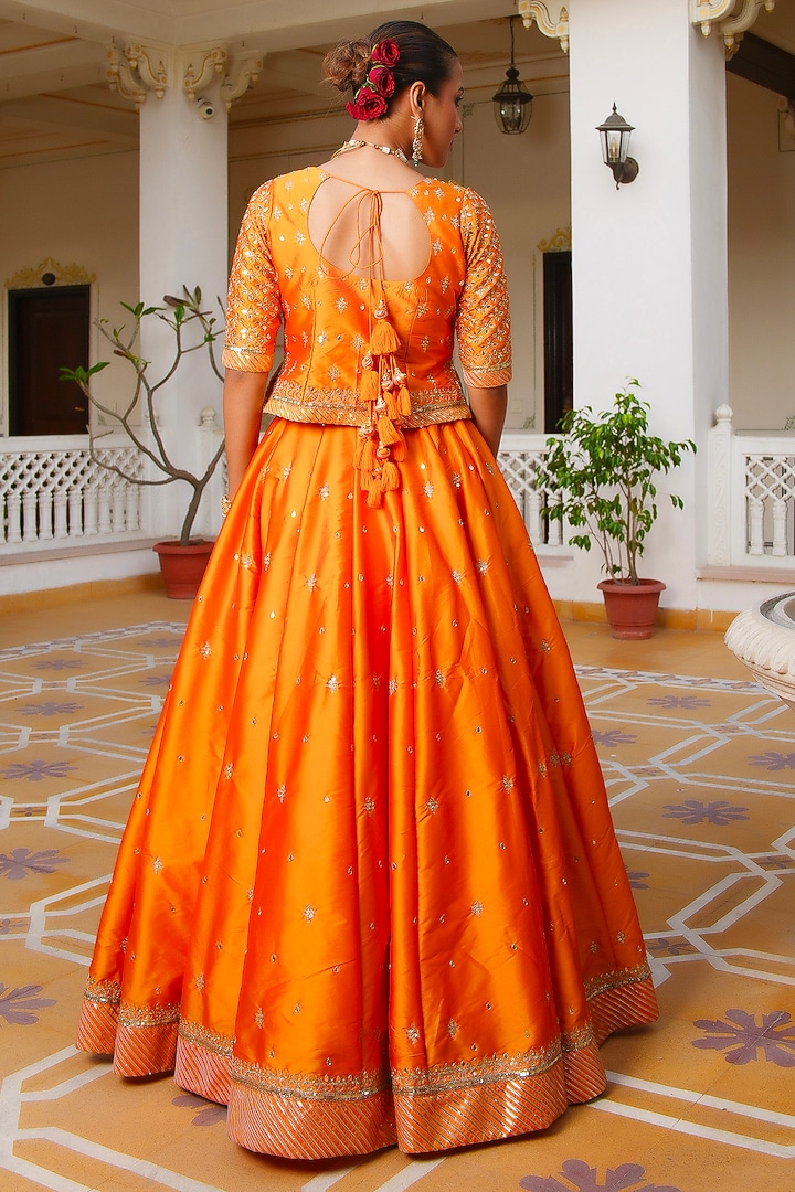 Kesari Orange Taffeta Aari Hand Embroidered Wedding Lehenga Set by Pomcha Jaipur at Pernia's Pop Up Shop