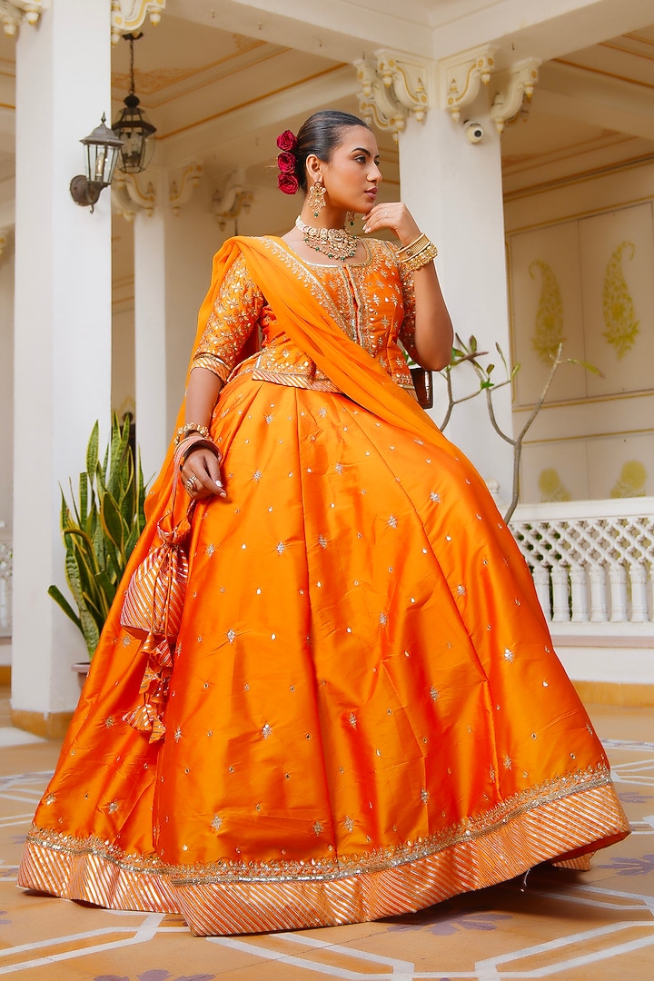 Kesari Orange Taffeta Aari Hand Embroidered Wedding Lehenga Set by Pomcha Jaipur at Pernia's Pop Up Shop
