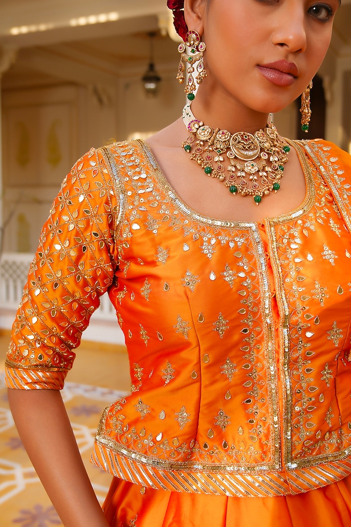 Kesari Orange Taffeta Aari Hand Embroidered Wedding Lehenga Set by Pomcha Jaipur at Pernia's Pop Up Shop