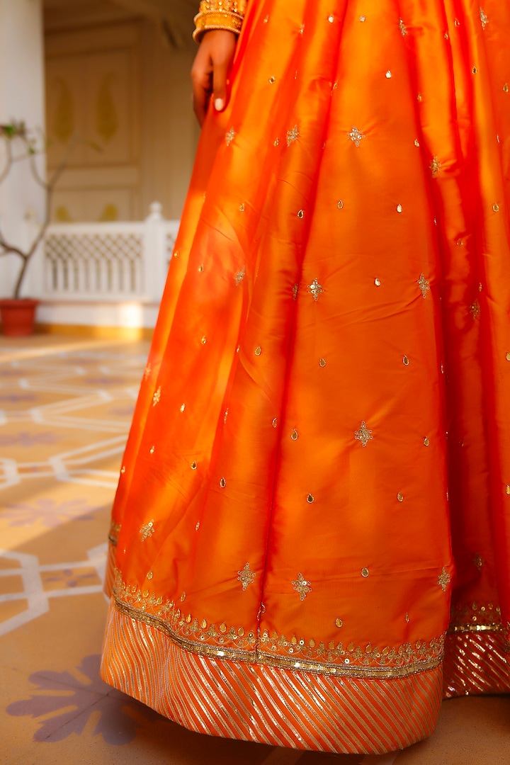Kesari Orange Taffeta Aari Hand Embroidered Wedding Lehenga Set by Pomcha Jaipur at Pernia's Pop Up Shop