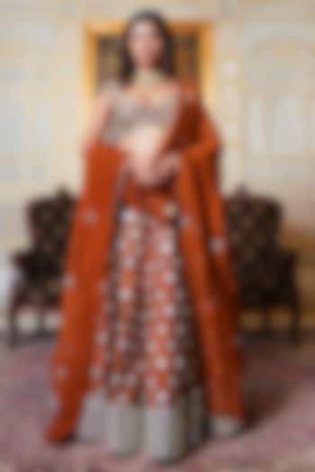 Rust Orange Mirror Hand Embroidered Wedding Lehenga Set by Pomcha Jaipur at Pernia's Pop Up Shop