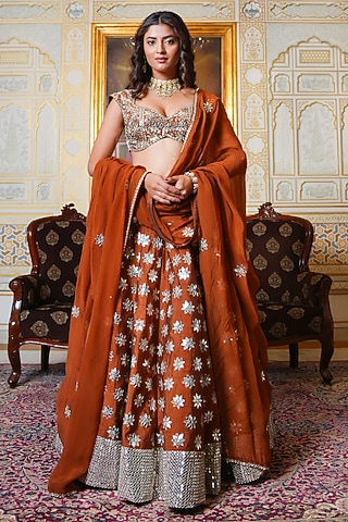 Rust Orange Mirror Hand Embroidered Lehenga Set by Pomcha Jaipur