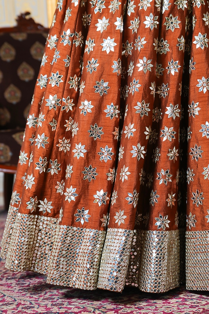 Rust Orange Mirror Hand Embroidered Wedding Lehenga Set by Pomcha Jaipur at Pernia's Pop Up Shop