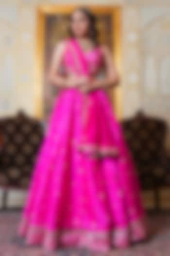 Hot Pink Taffeta Zari Hand Embroidered Wedding Lehenga Set by Pomcha Jaipur at Pernia's Pop Up Shop