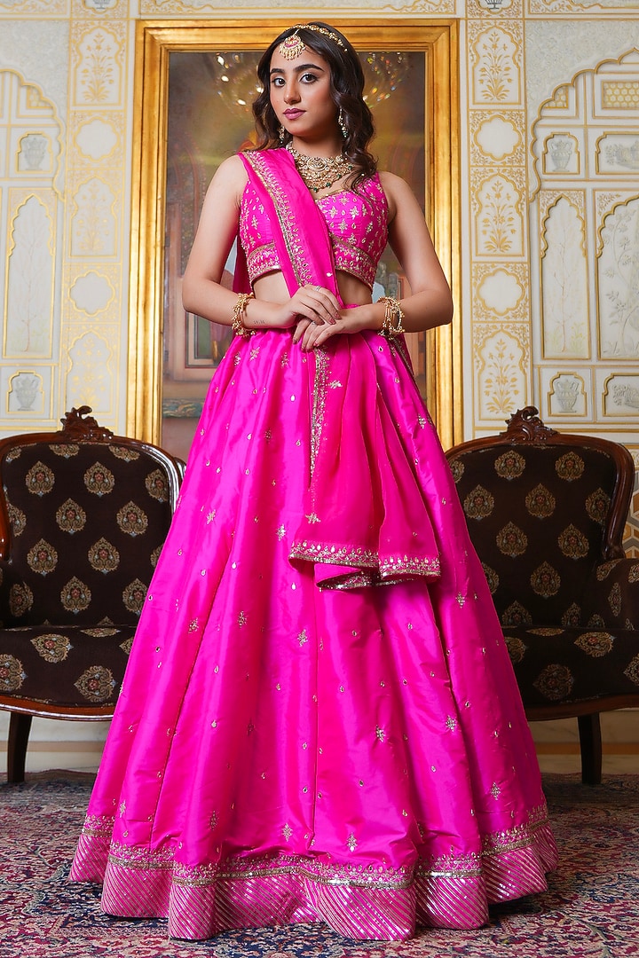 Hot Pink Taffeta Zari Hand Embroidered Wedding Lehenga Set by Pomcha Jaipur at Pernia's Pop Up Shop