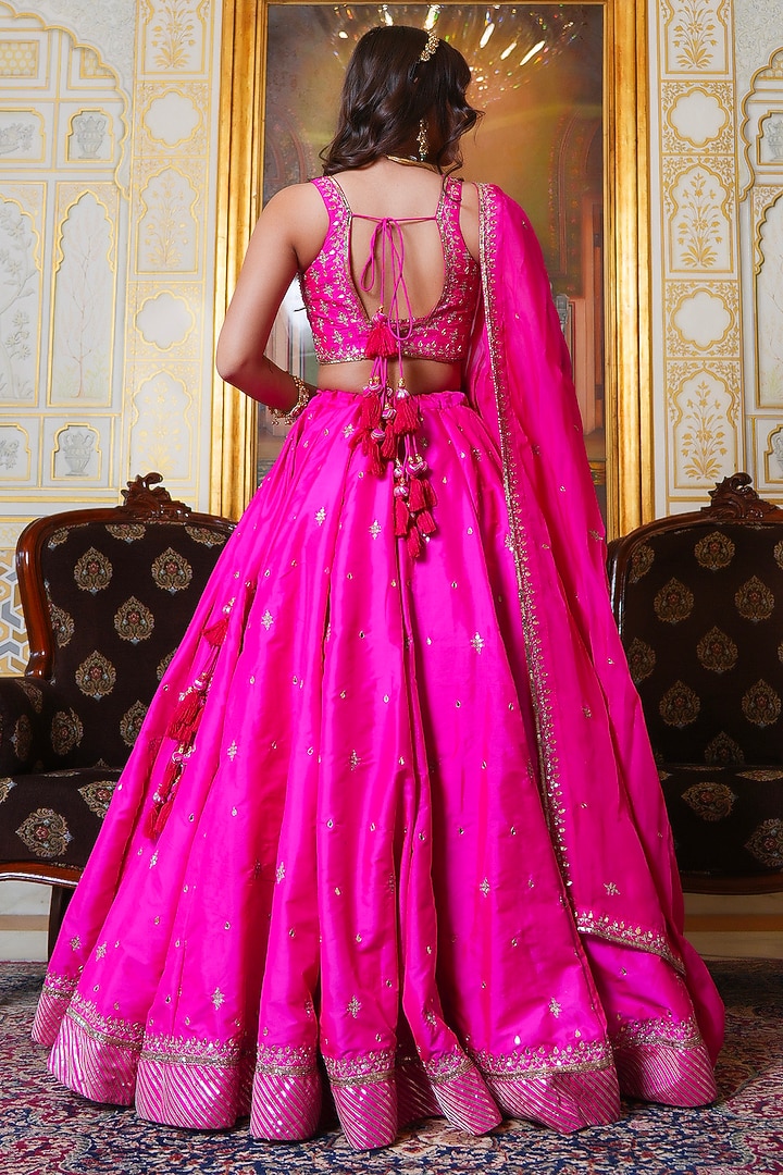 Hot Pink Taffeta Zari Hand Embroidered Wedding Lehenga Set by Pomcha Jaipur at Pernia's Pop Up Shop