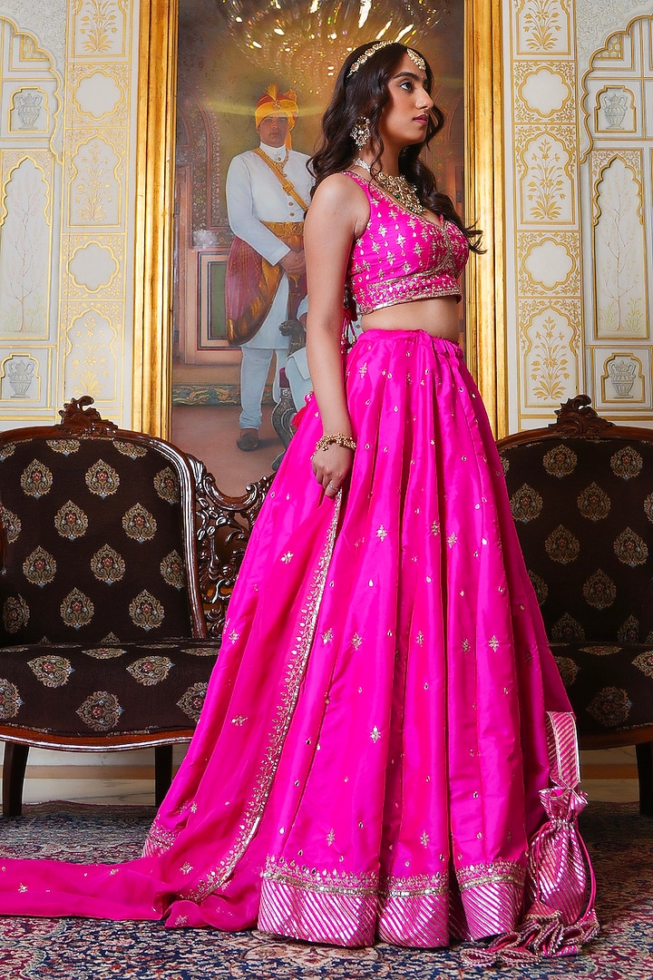Hot Pink Taffeta Zari Hand Embroidered Wedding Lehenga Set by Pomcha Jaipur at Pernia's Pop Up Shop