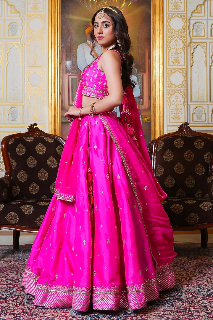Hot Pink Taffeta Zari Hand Embroidered Wedding Lehenga Set by Pomcha Jaipur at Pernia's Pop Up Shop