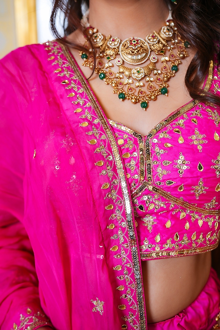 Hot Pink Taffeta Zari Hand Embroidered Wedding Lehenga Set by Pomcha Jaipur at Pernia's Pop Up Shop