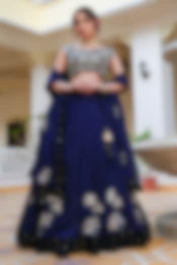 Blue Organza Pitta Hand Embroidered Wedding Lehenga Set by Pomcha Jaipur at Pernia's Pop Up Shop
