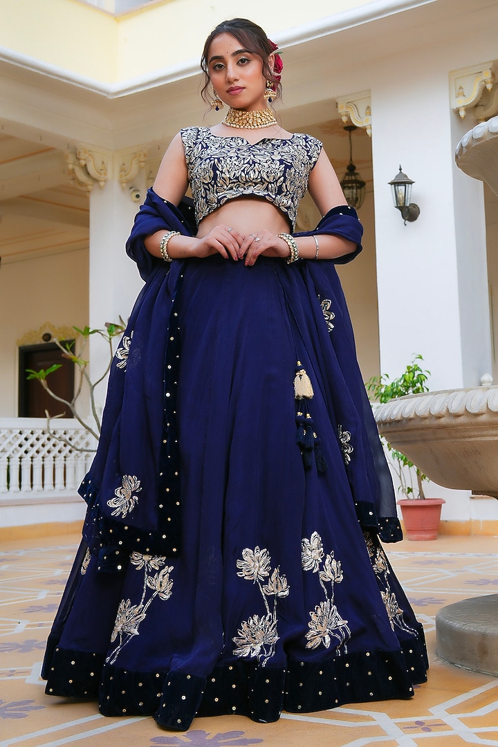 Blue Organza Pitta Hand Embroidered Wedding Lehenga Set by Pomcha Jaipur at Pernia's Pop Up Shop