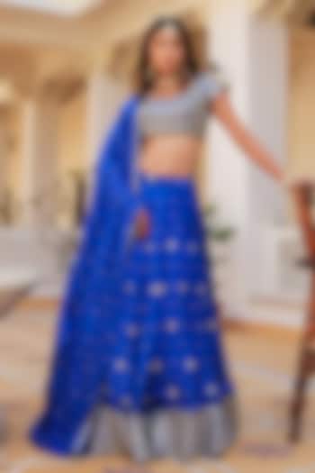 Blue Silk Gota Patti Hand Embroidered Wedding Lehenga Set by Pomcha Jaipur at Pernia's Pop Up Shop