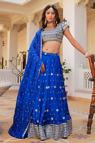 Blue Silk Gota Patti Hand Embroidered Lehenga Set by Pomcha Jaipur