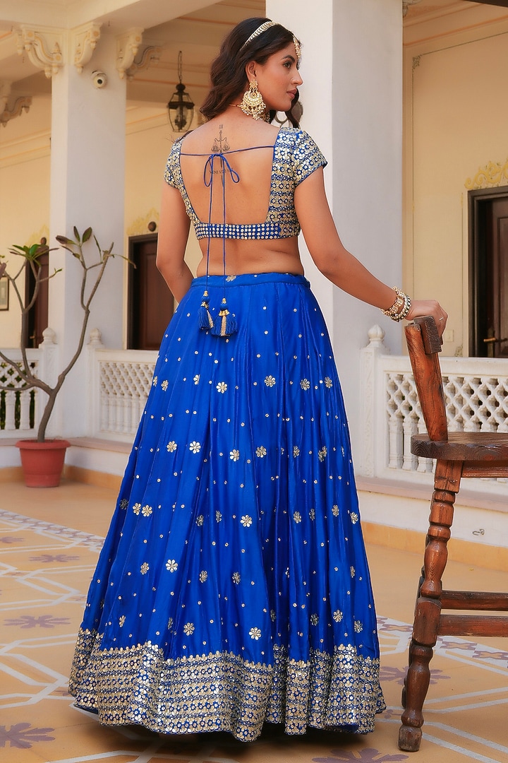 Blue Silk Gota Patti Hand Embroidered Wedding Lehenga Set by Pomcha Jaipur at Pernia's Pop Up Shop