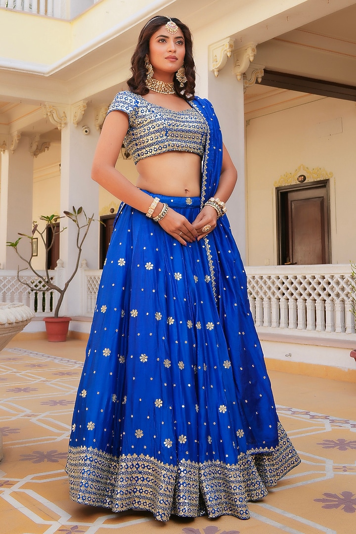 Blue Silk Gota Patti Hand Embroidered Wedding Lehenga Set by Pomcha Jaipur at Pernia's Pop Up Shop