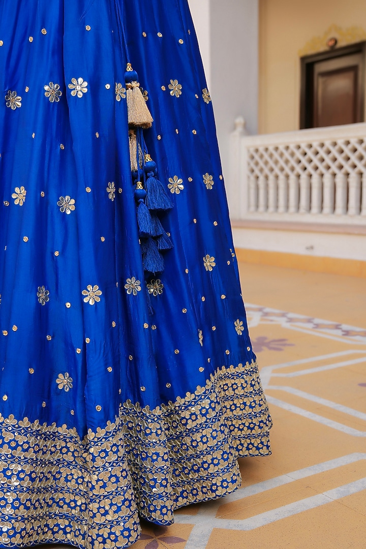 Blue Silk Gota Patti Hand Embroidered Wedding Lehenga Set by Pomcha Jaipur at Pernia's Pop Up Shop