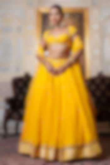 Marigold Yellow Organza Zari Hand Embroidered Wedding Lehenga Set by Pomcha Jaipur at Pernia's Pop Up Shop