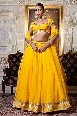 Marigold Yellow Organza Zari Hand Embroidered Lehenga Set by Pomcha Jaipur