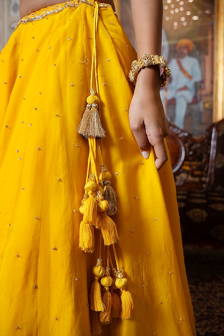 Marigold Yellow Organza Zari Hand Embroidered Wedding Lehenga Set by Pomcha Jaipur at Pernia's Pop Up Shop