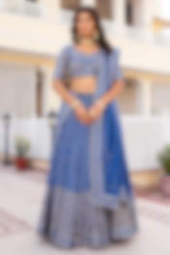 Blue Silk Hand Embroidered Wedding Lehenga Set by Pomcha Jaipur at Pernia's Pop Up Shop