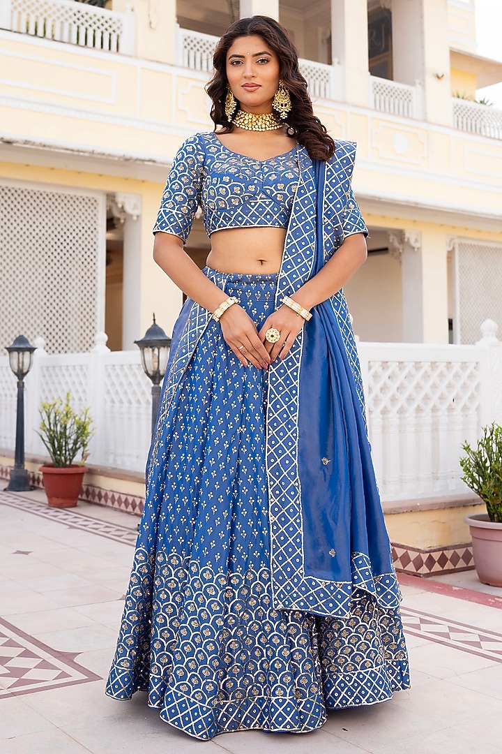 Blue Silk Hand Embroidered Wedding Lehenga Set by Pomcha Jaipur at Pernia's Pop Up Shop