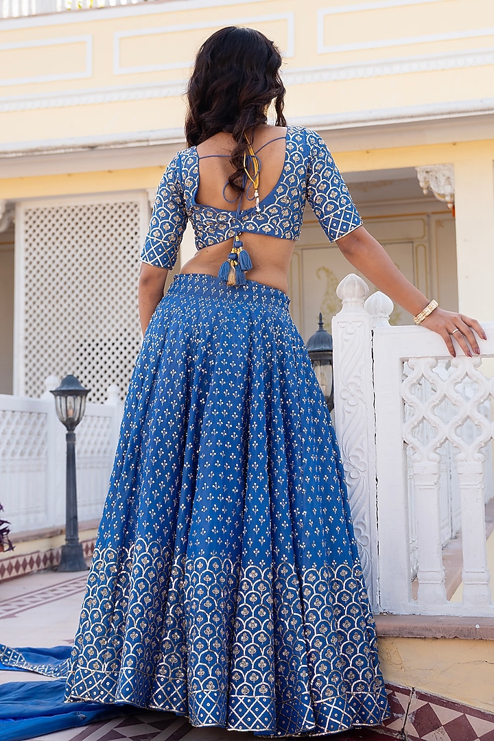 Blue Silk Hand Embroidered Wedding Lehenga Set by Pomcha Jaipur at Pernia's Pop Up Shop