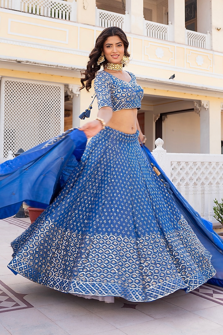 Blue Silk Hand Embroidered Wedding Lehenga Set by Pomcha Jaipur at Pernia's Pop Up Shop