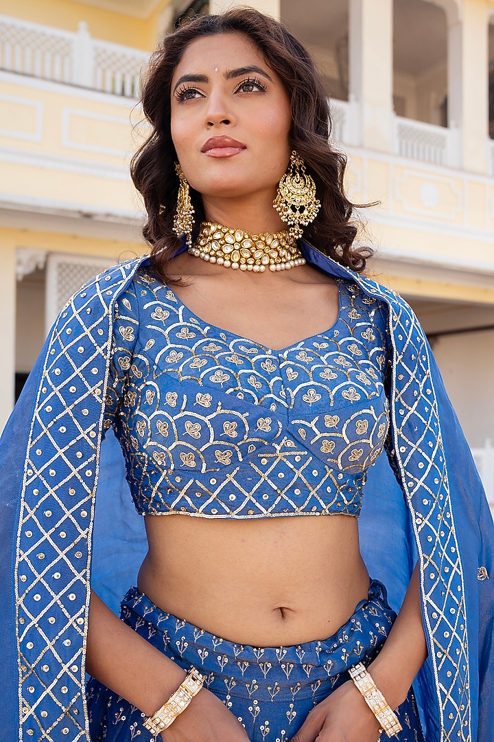 Blue Silk Hand Embroidered Wedding Lehenga Set by Pomcha Jaipur at Pernia's Pop Up Shop