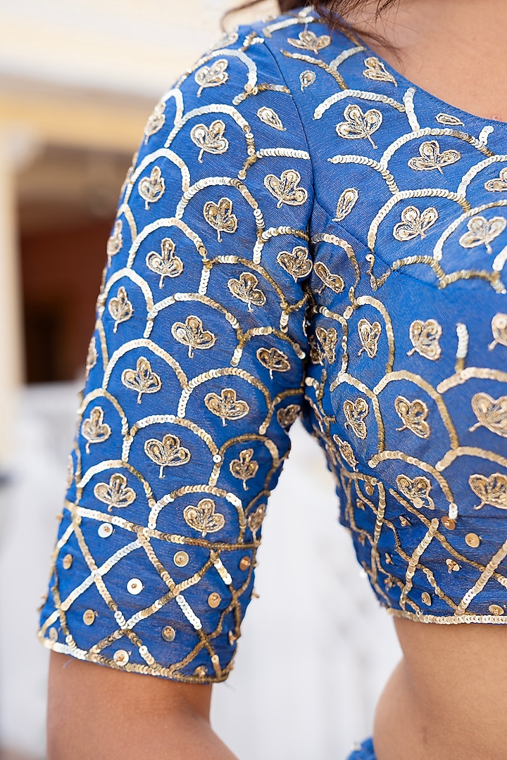 Blue Silk Hand Embroidered Wedding Lehenga Set by Pomcha Jaipur at Pernia's Pop Up Shop