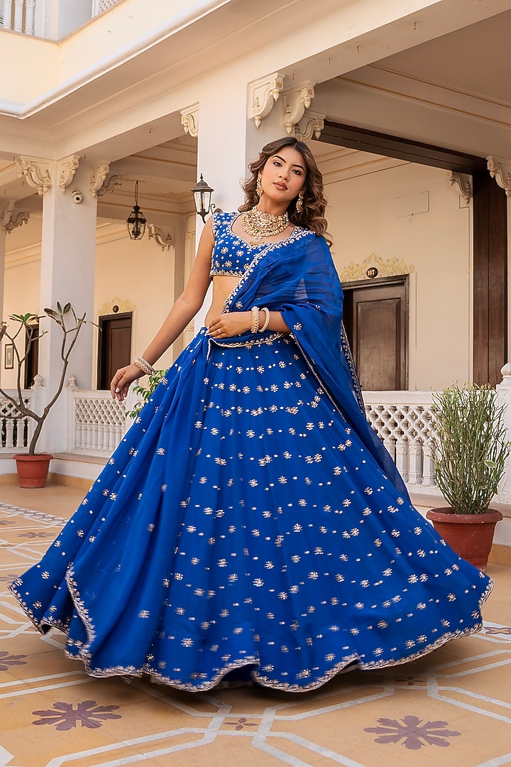 Blue Organza Zari Embroidered Wedding Lehenga Set by Pomcha Jaipur at Pernia's Pop Up Shop