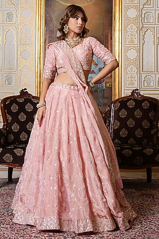 Pink Cosmos Silk Gota-Patti Embroidered Lehenga Set by Pomcha Jaipur