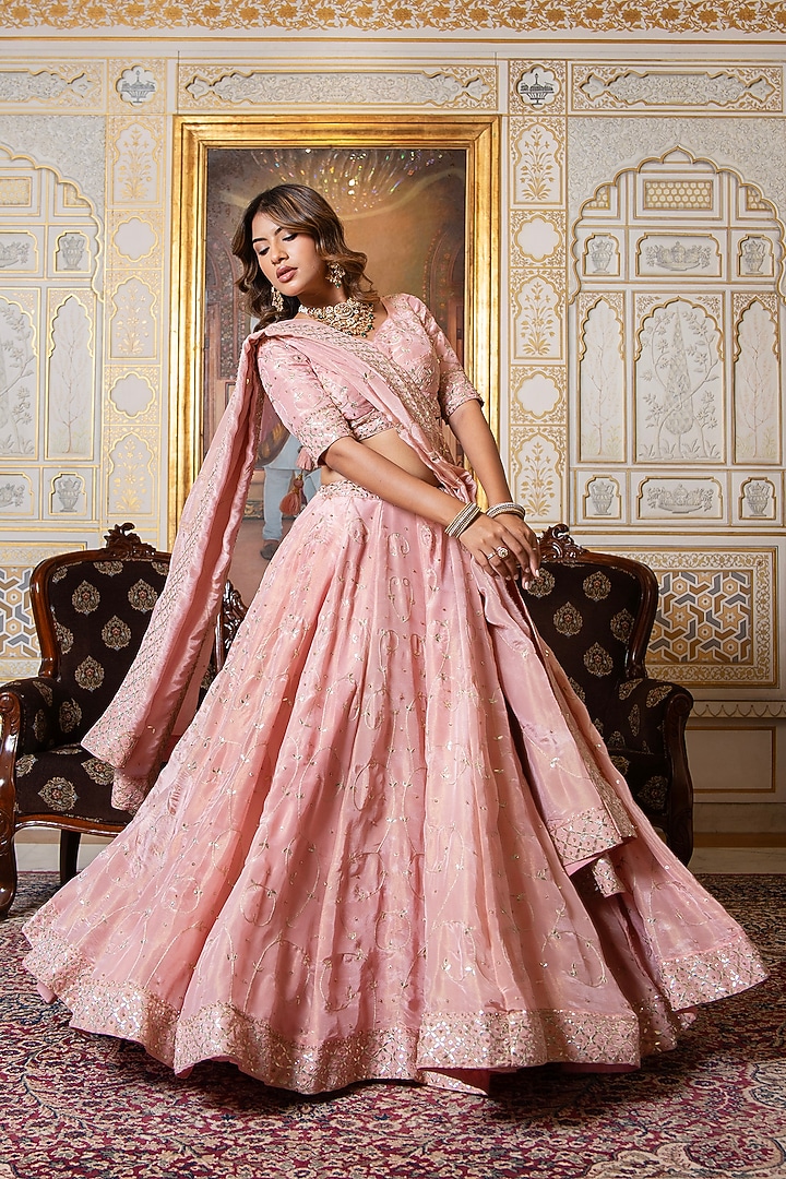 Pink Cosmos Silk Gota-Patti Embroidered Wedding Lehenga Set by Pomcha Jaipur at Pernia's Pop Up Shop