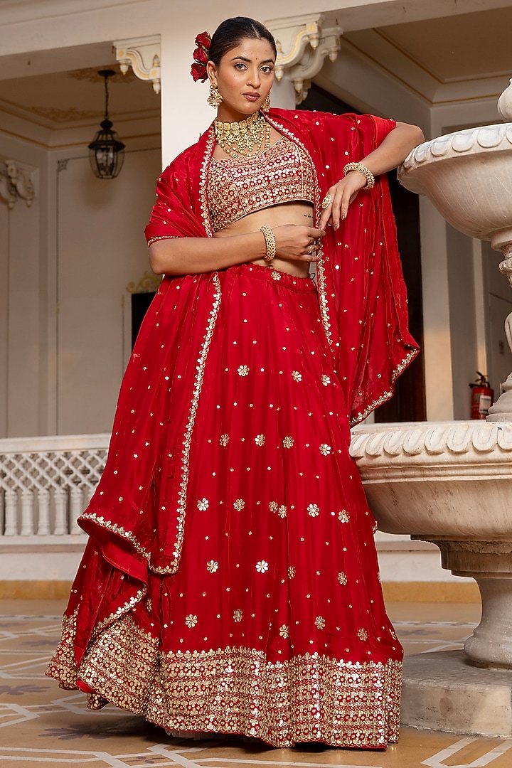 Red Silk Gota-Patti Embroidered Wedding Lehenga Set by Pomcha Jaipur at Pernia's Pop Up Shop