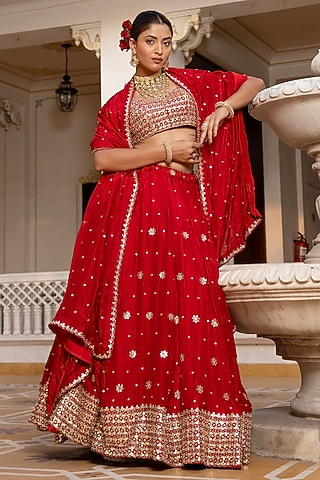 Red Silk Gota-Patti Embroidered Lehenga Set by Pomcha Jaipur