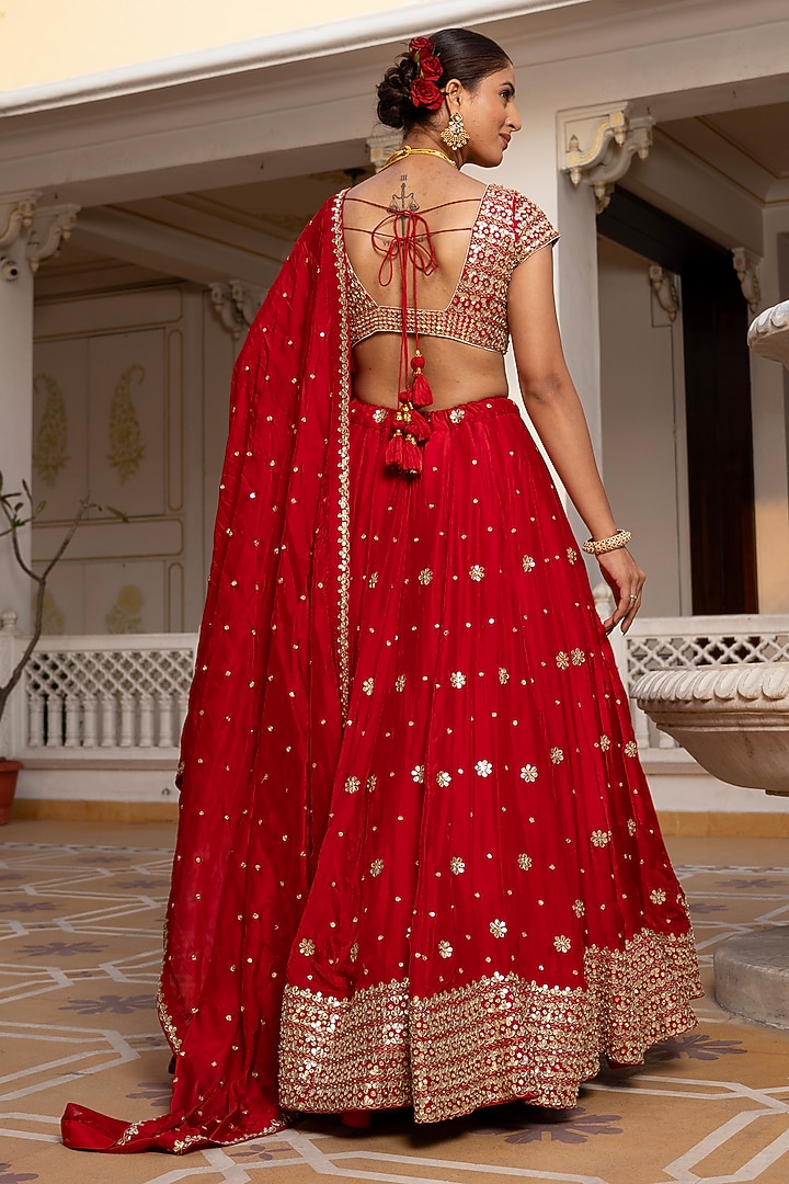 Red Silk Gota-Patti Embroidered Wedding Lehenga Set by Pomcha Jaipur at Pernia's Pop Up Shop