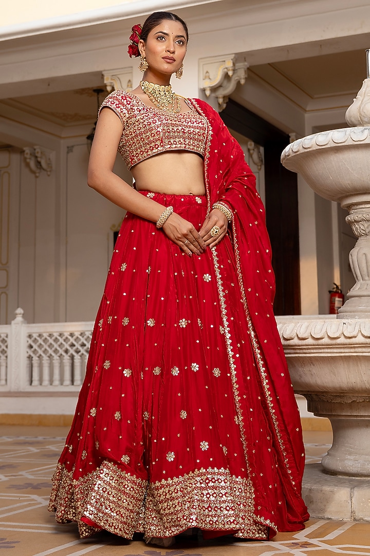 Red Silk Gota-Patti Embroidered Wedding Lehenga Set by Pomcha Jaipur at Pernia's Pop Up Shop