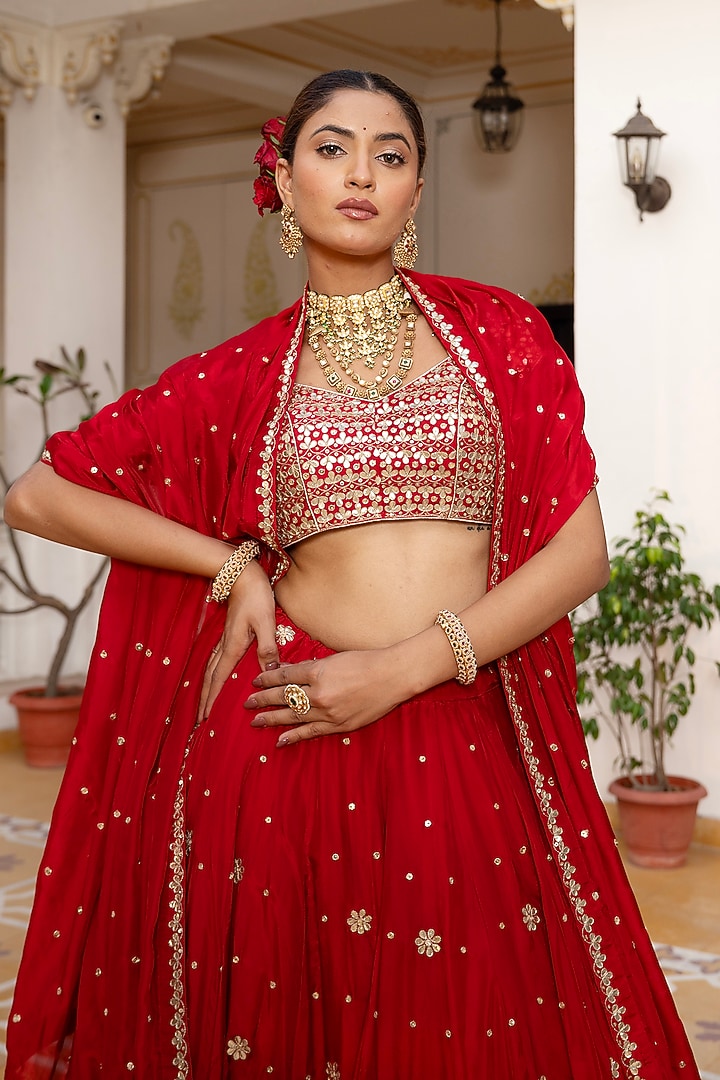 Red Silk Gota-Patti Embroidered Wedding Lehenga Set by Pomcha Jaipur at Pernia's Pop Up Shop