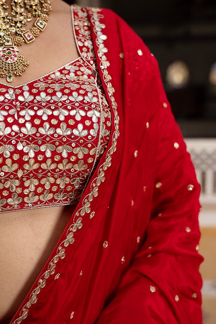 Red Silk Gota-Patti Embroidered Wedding Lehenga Set by Pomcha Jaipur at Pernia's Pop Up Shop