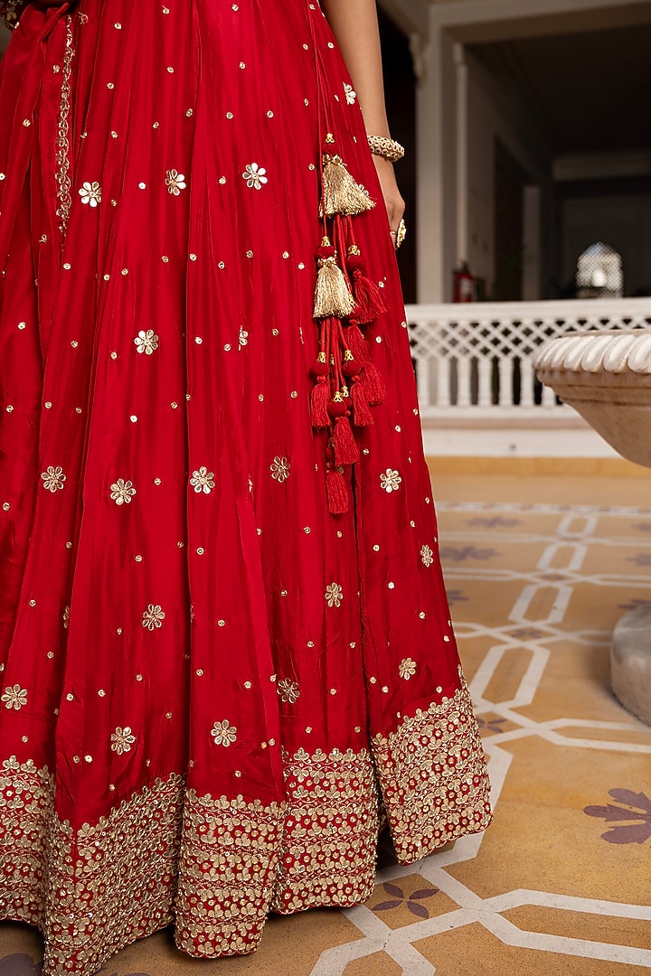 Red Silk Gota-Patti Embroidered Wedding Lehenga Set by Pomcha Jaipur at Pernia's Pop Up Shop