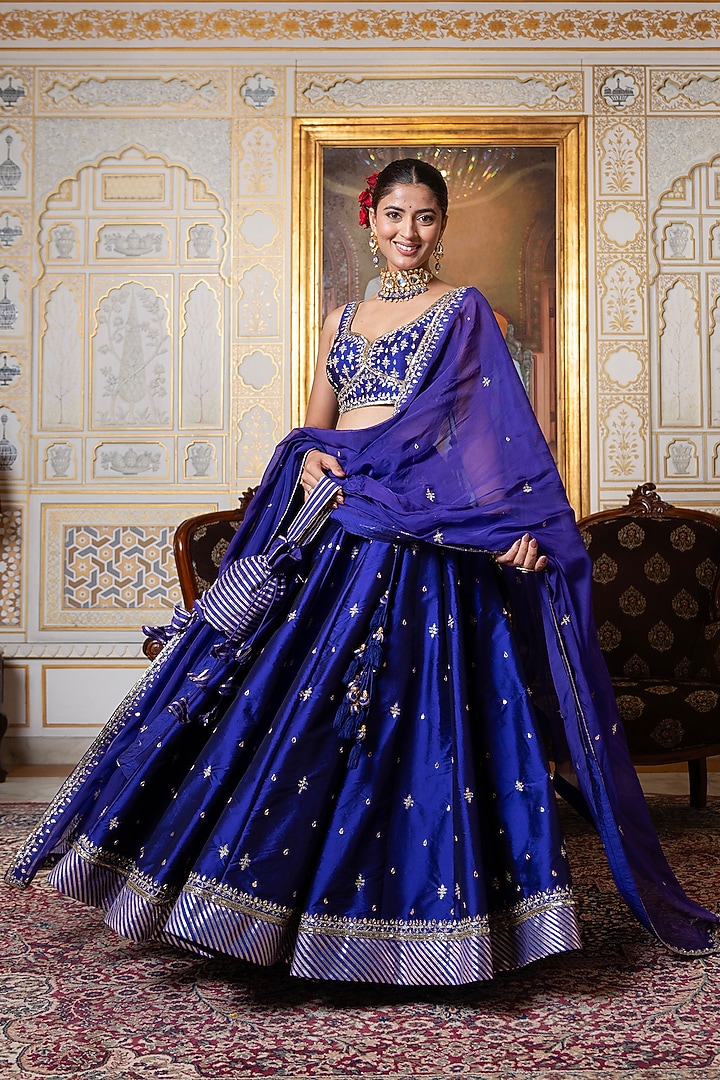 Jamuni Purple Taffeta Zari Embroidered Wedding Lehenga Set by Pomcha Jaipur at Pernia's Pop Up Shop